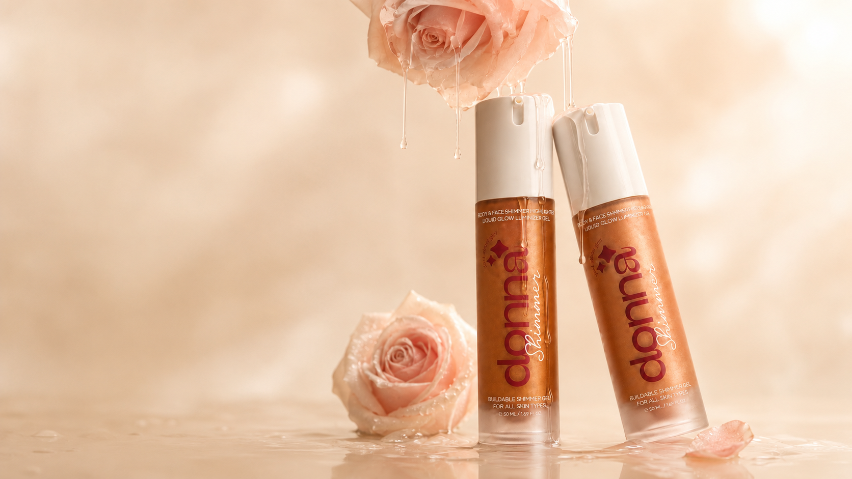 Two Donna shimmer and highlighter tubes styled with soft pink roses