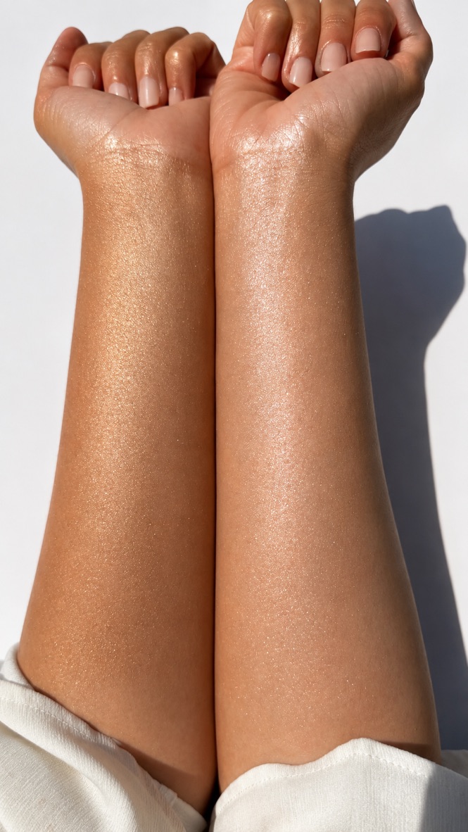 Bronze Glow and Sunkissed Body Shimmer shown on two forearms