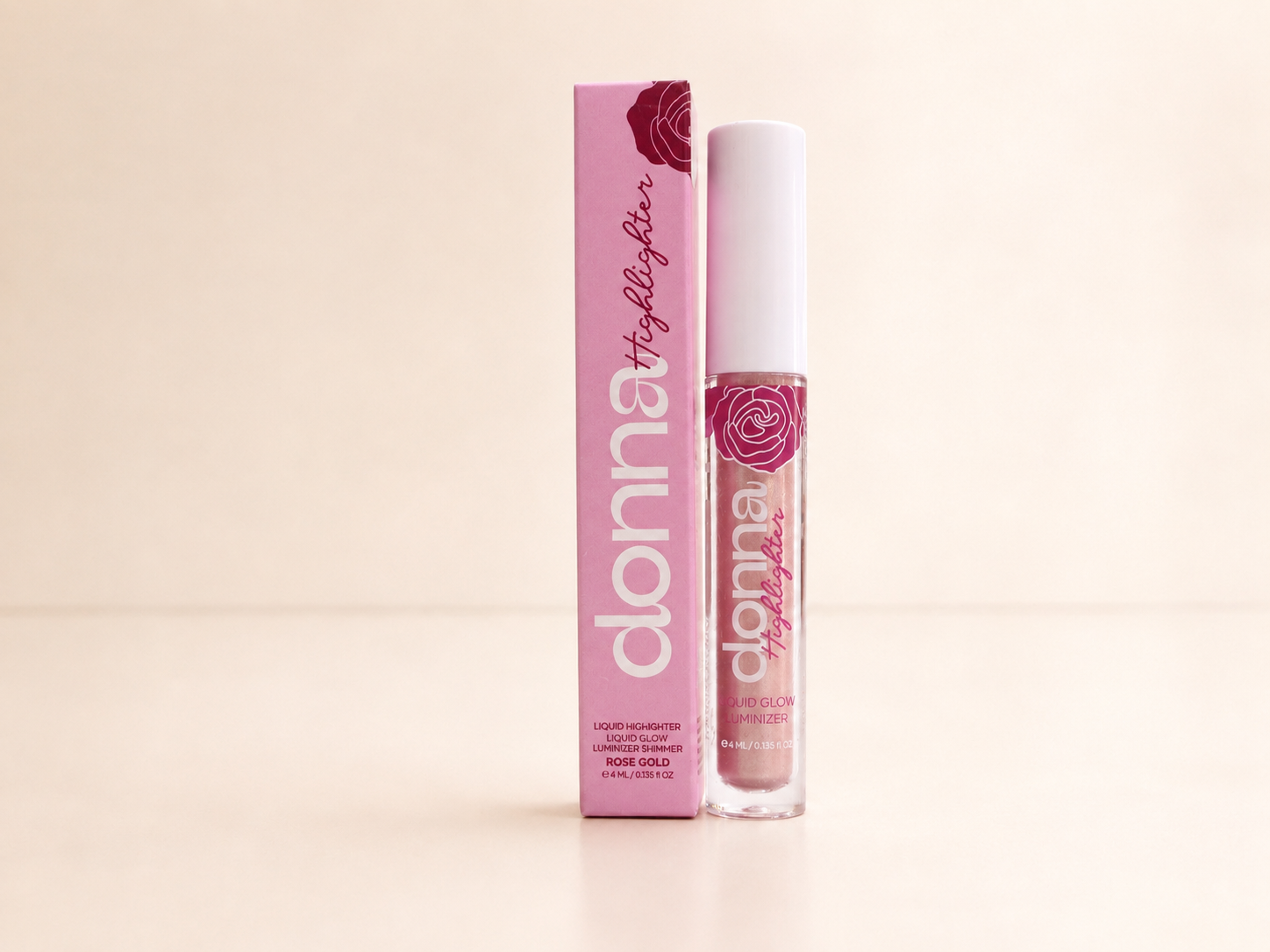 Donna Rose Gold Liquid Highlighter tube beside its carton